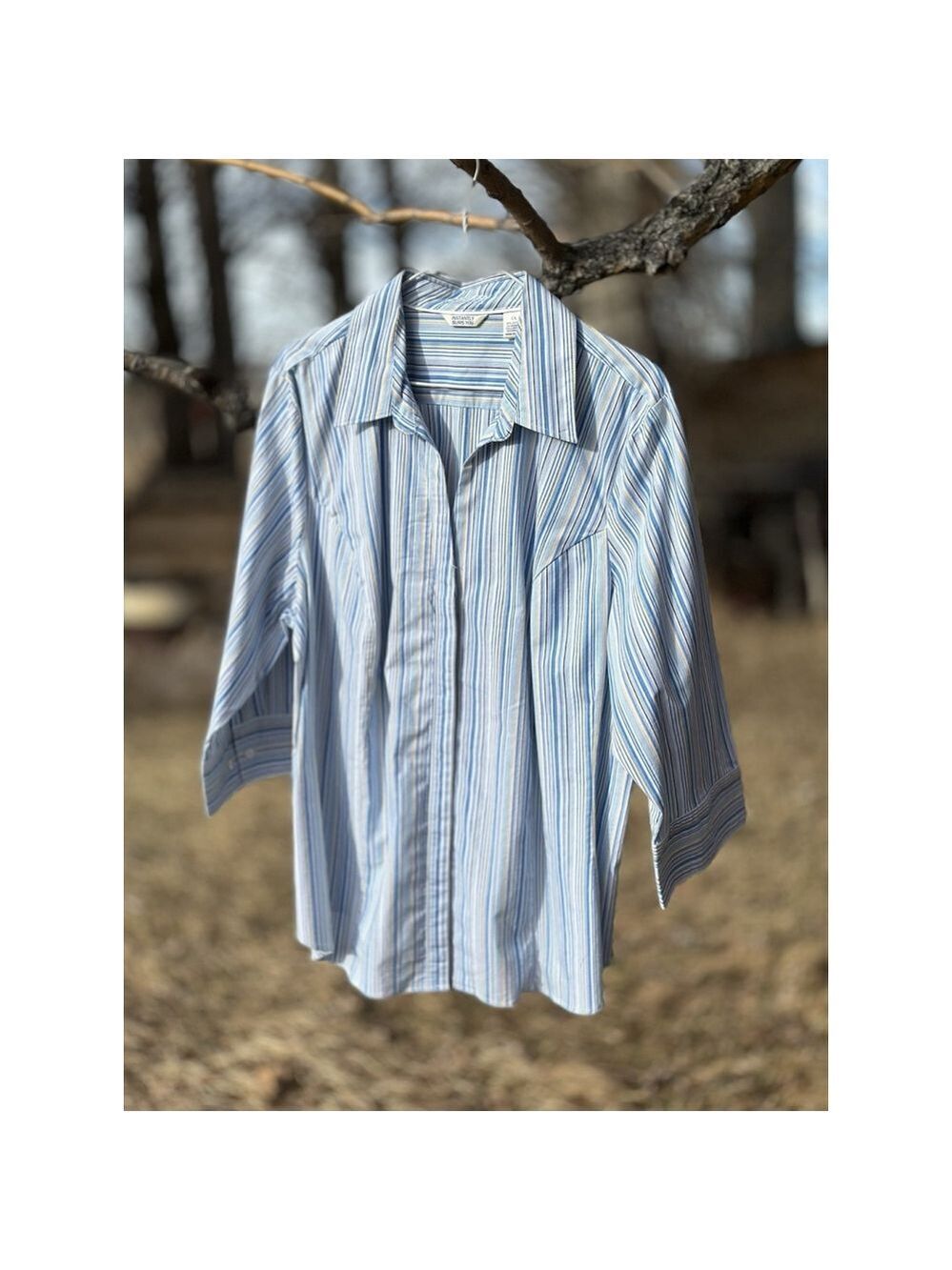 Riders Instantly Slims You Shirt Womens 1X Blue Button Down Stripe 3/4 Sleeves